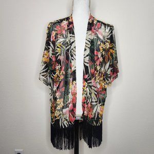Paperoc XL Floral Hawaiian Tassel Swim Cover Sheer Duster Kimono Black Pink